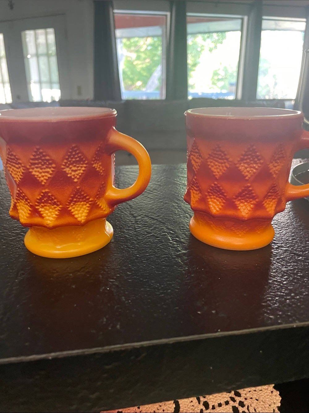 Fire King Kimberly Vintage Style Orange Diamond Pedestal Mugs - Set of 2
